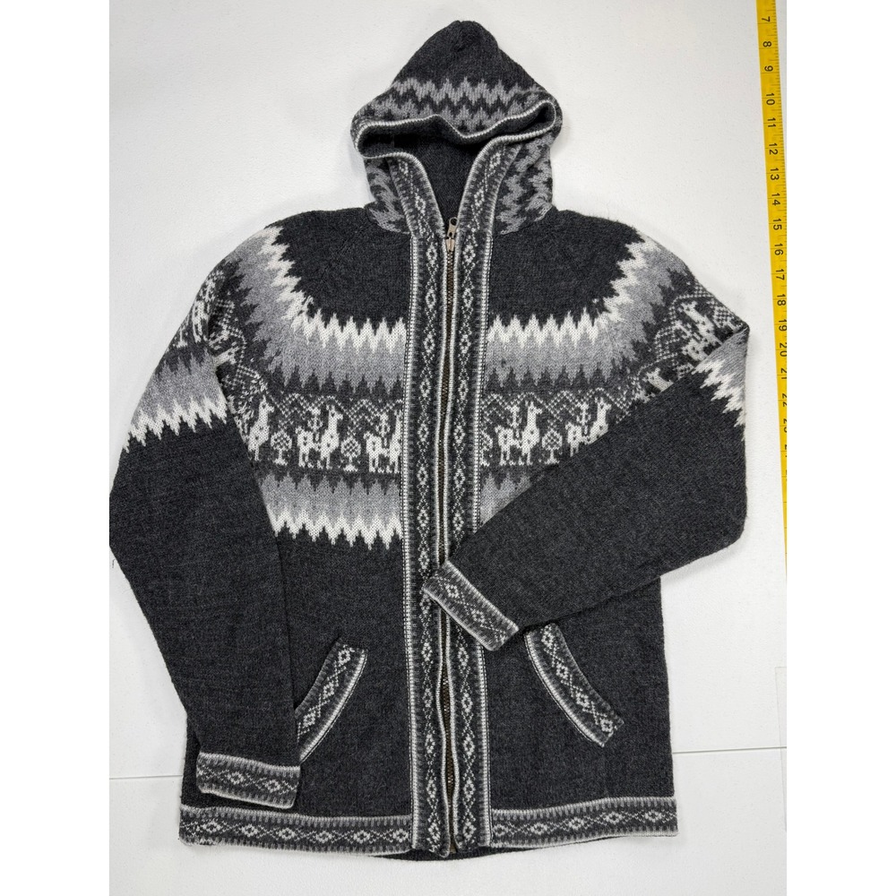 Full Zip Hooded Sweater Unisex Sm Gray Llama Fair Isle Peru Gorpcore Andean Folk